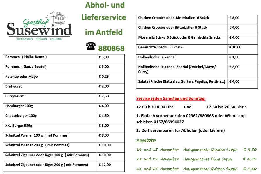 Speisekarte Abhol und Lieferservice